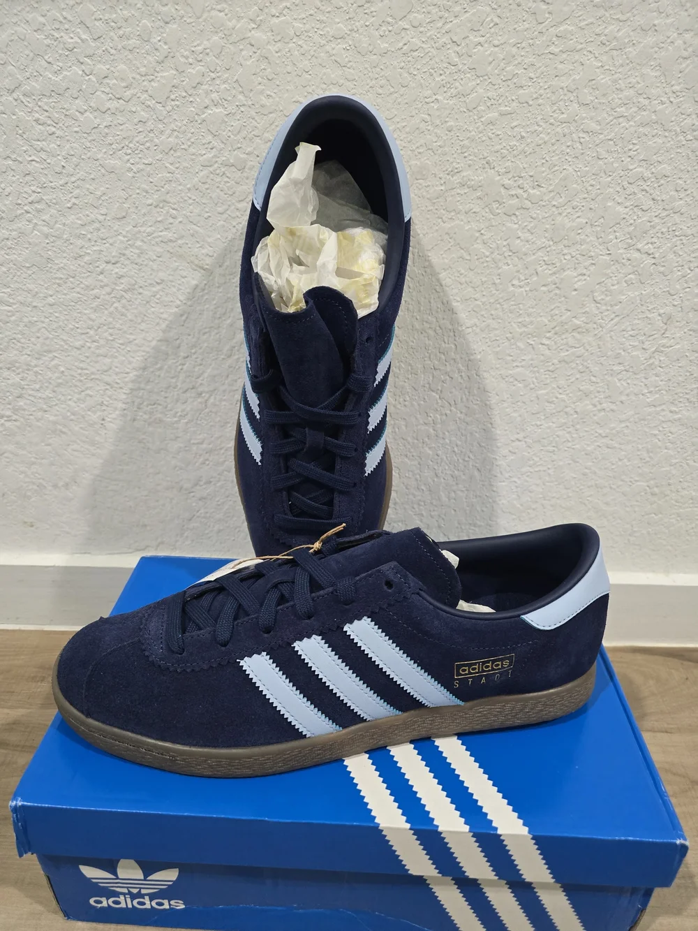 adidas Men’s Gazelle Suede Sneakers in Navy with Light Blue Stripes